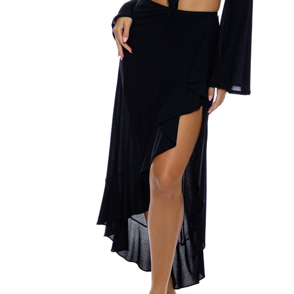 Black Cosita Buena Ruffle High Lo Slit  Skirt