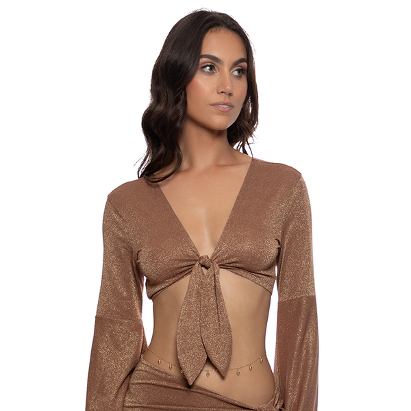 Cosita Buena Brown Bell Sleeve Crop Top