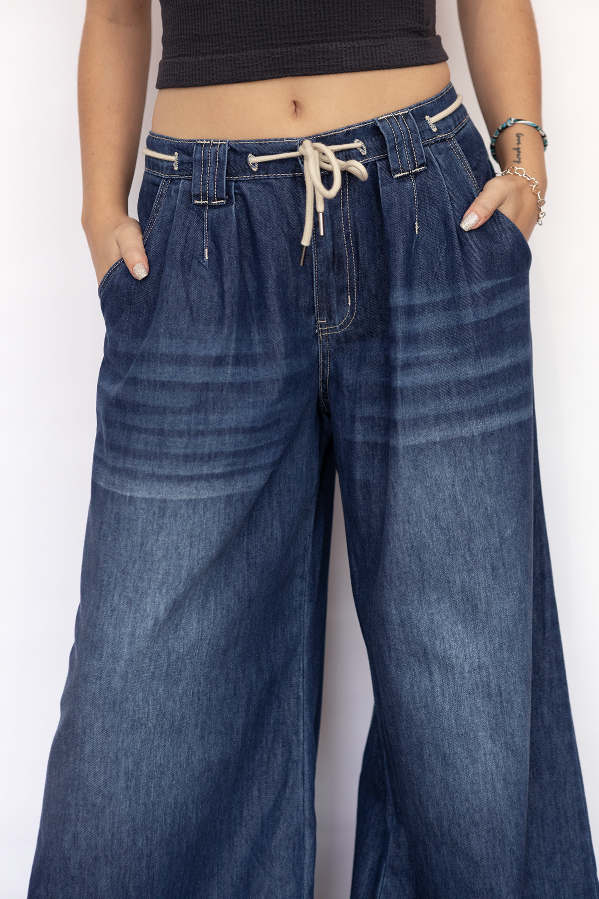 Drawstring Denim Wide Leg Pant