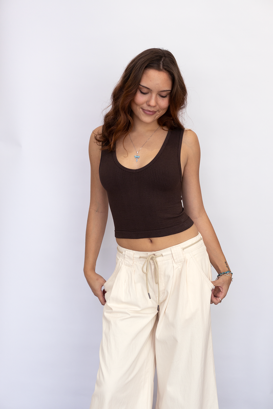 Ecru Drawstring Wide Leg Pant