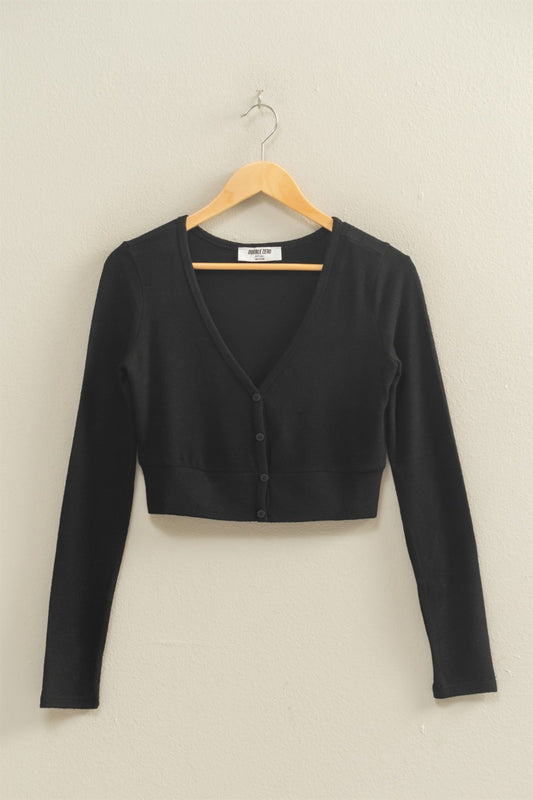 Black Cropped Emma V-Neck Brushed Long Sleeve Top