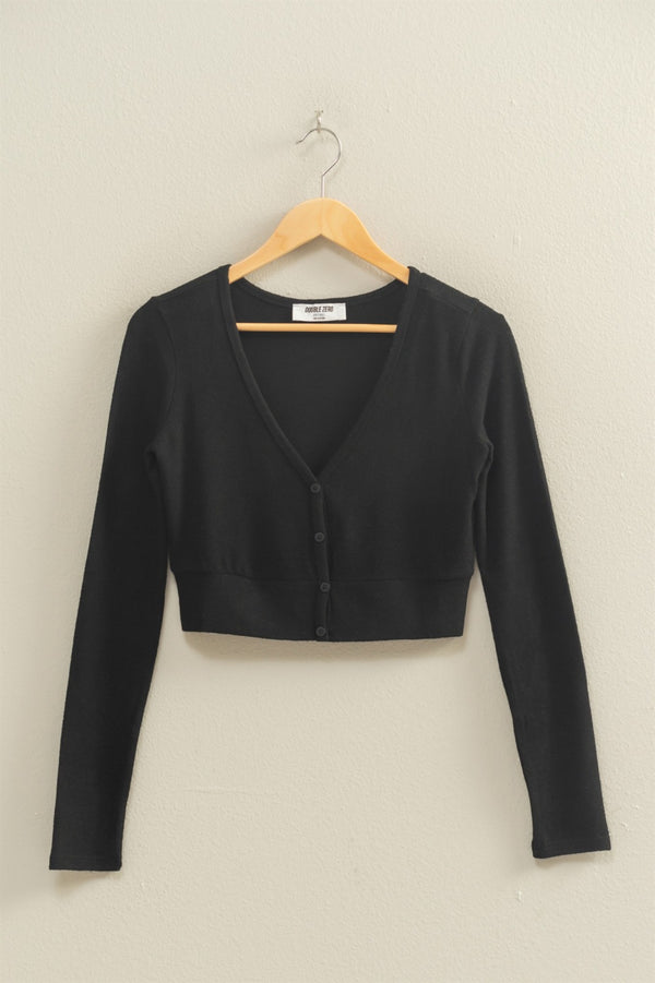 Black Cropped Emma V-Neck Brushed Long Sleeve Top