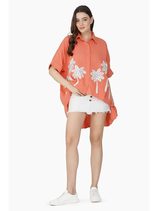 Peach Coral Palm Embellished Cover Up Shirt