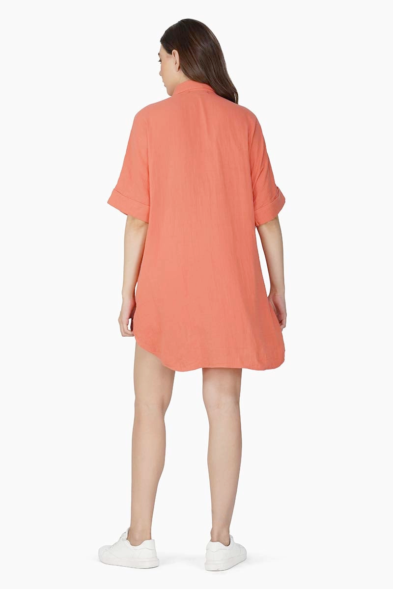Peach Coral Palm Embellished Cover Up Shirt