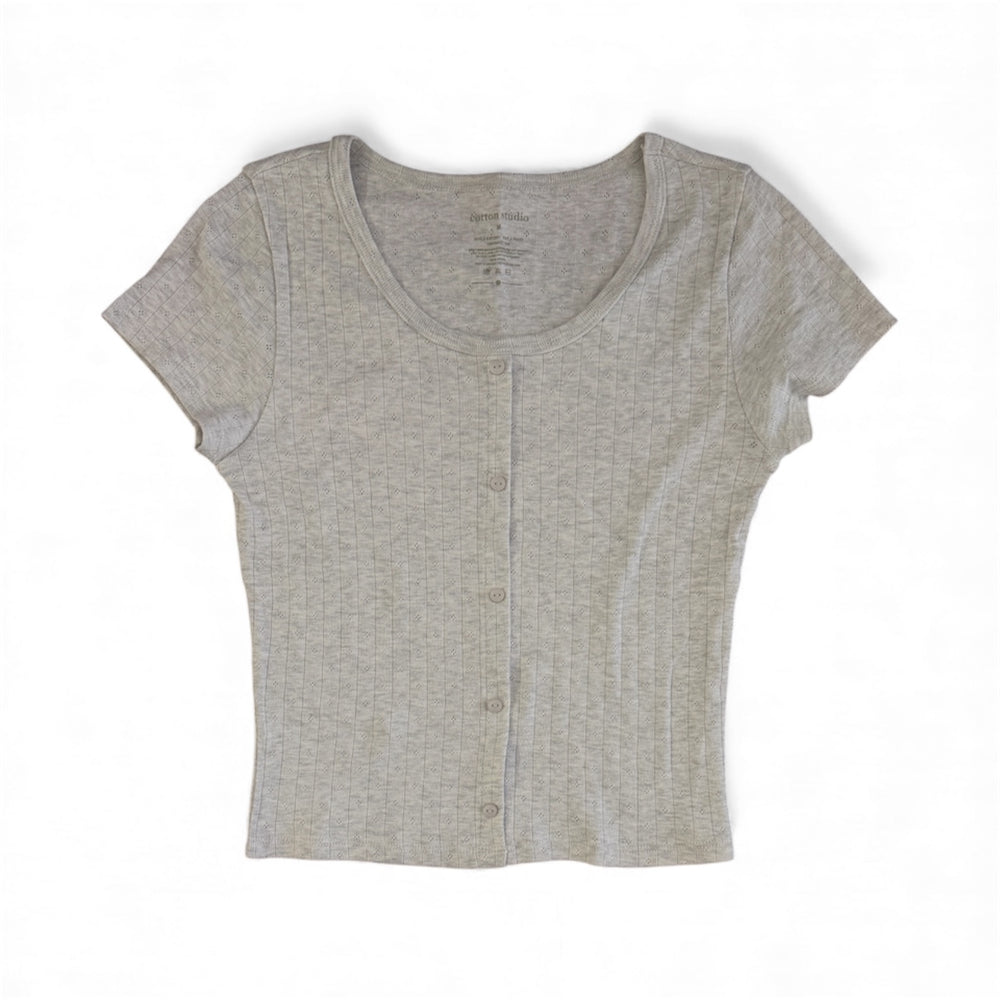 Light Gray Pointelle Button-Down Baby Tee