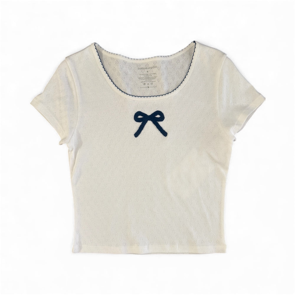 White Navy Embroidered Bow Pointelle Baby Tee