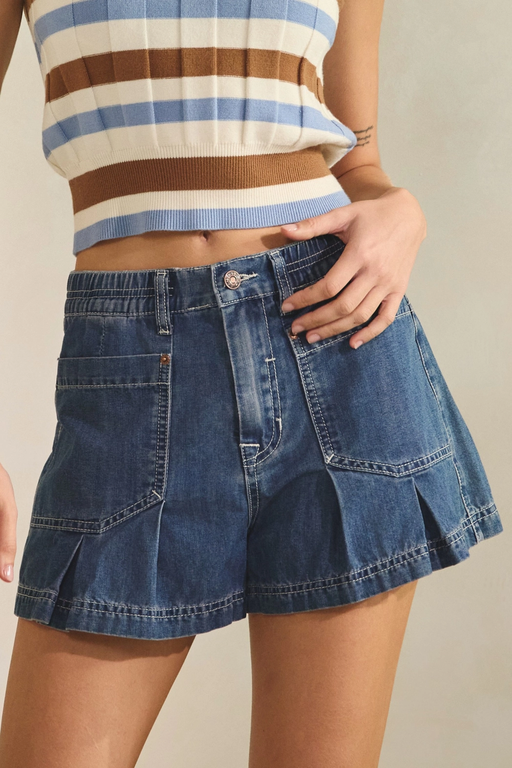 Pleated Denim Short