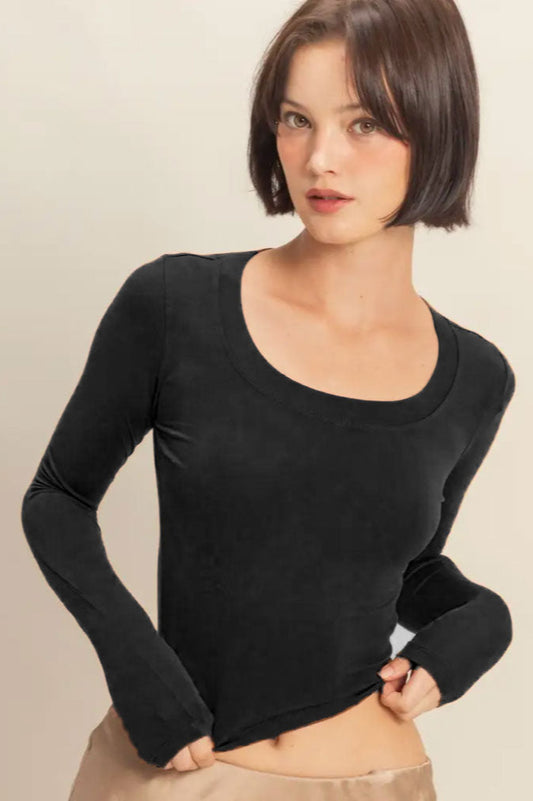 Black Jennifer Cropped Scoop Neck Long Sleeve Top
