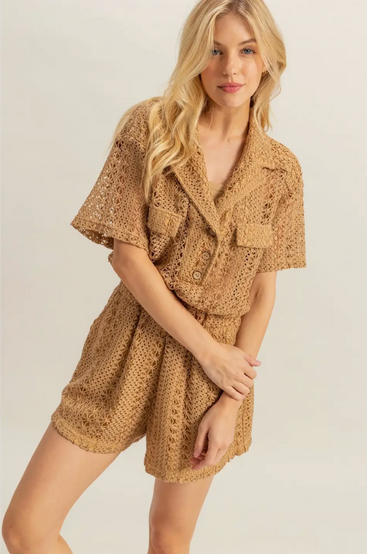 Light Taupe Romie's Crochet Button Down Short Sleeve Romper