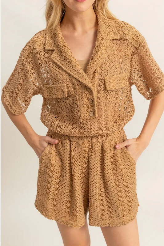 Light Taupe Romie's Crochet Button Down Short Sleeve Romper
