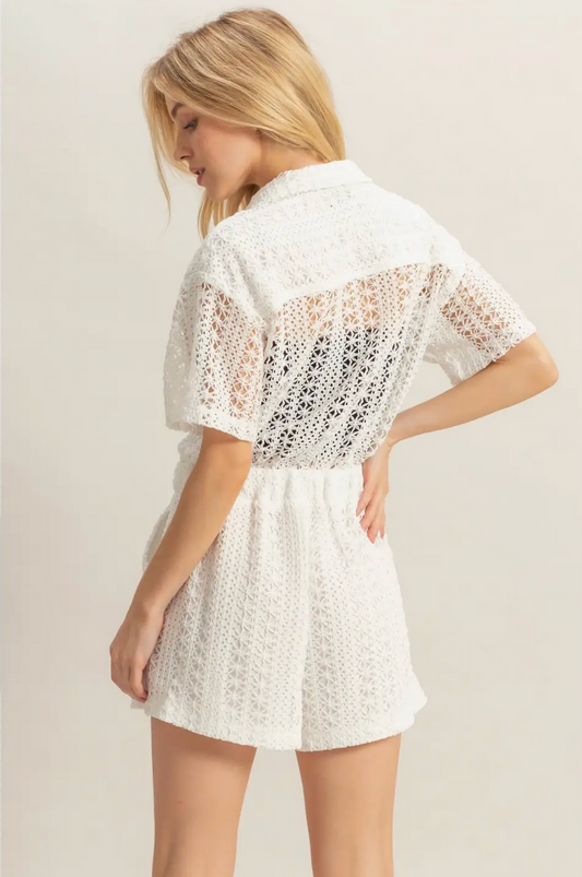 White Romie's Crochet Button Down Short Sleeve Romper