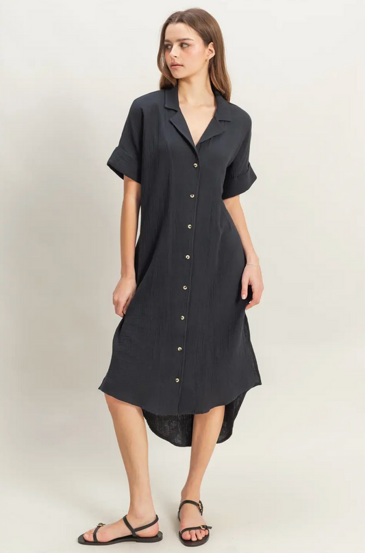 Black Lani Double Gauze Button Down Shirt Dress