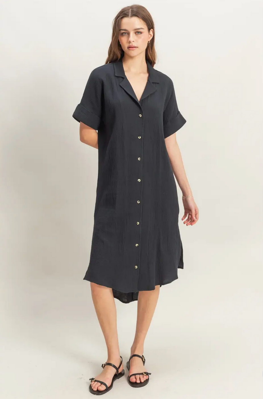 Black Lani Double Gauze Button Down Shirt Dress