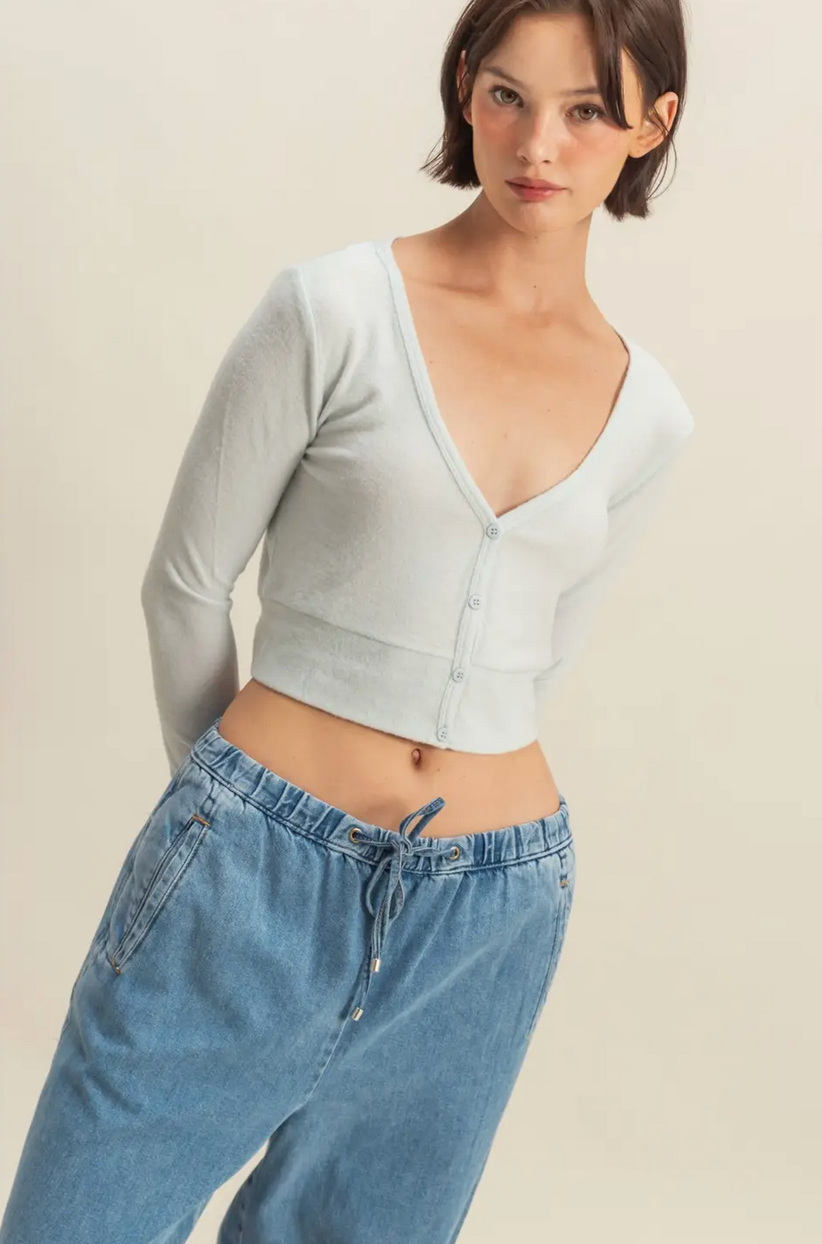 Ice Blue Emma Cropped V-Neck Brushed Long Sleeve Top