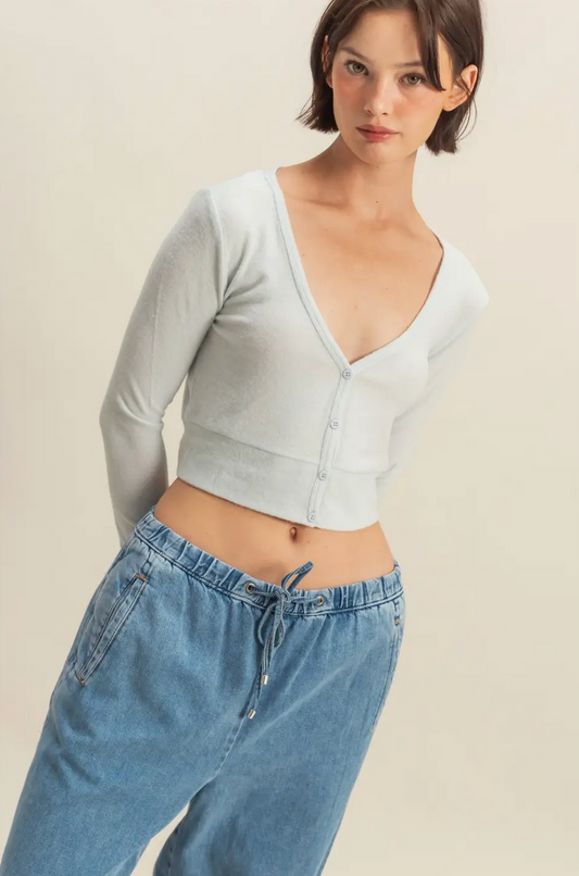 Ice Blue Emma Cropped V-Neck Brushed Long Sleeve Top