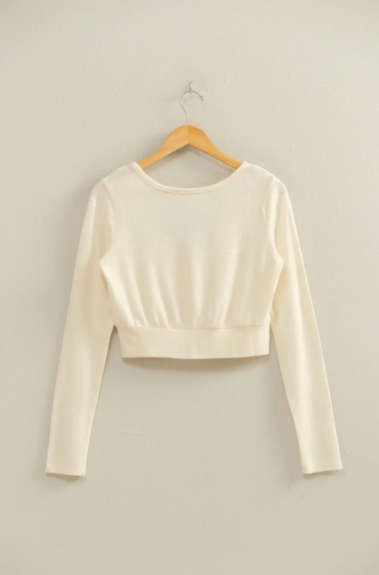 Cream Emma Cropped V-Neck Brushed Long Sleeve Top