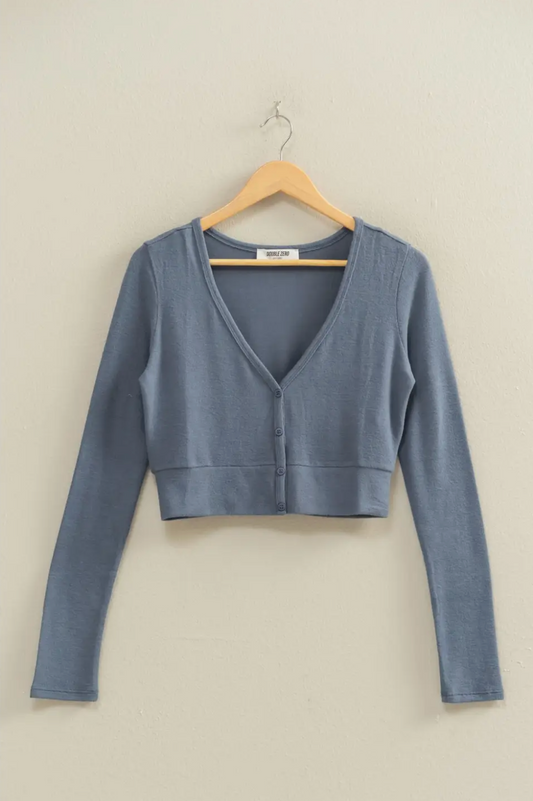 Dusty Navy Emma Cropped V-Neck Brushed Long Sleeve Top