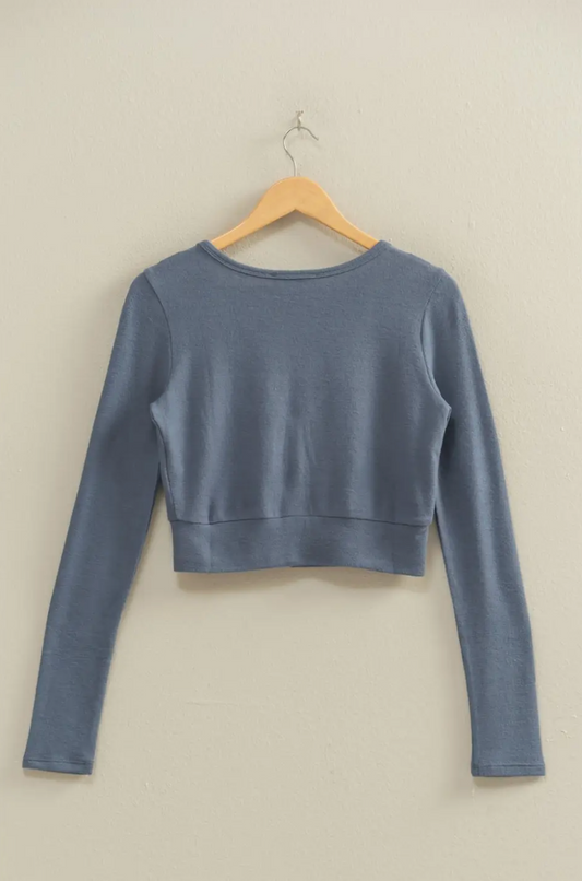 Dusty Navy Emma Cropped V-Neck Brushed Long Sleeve Top
