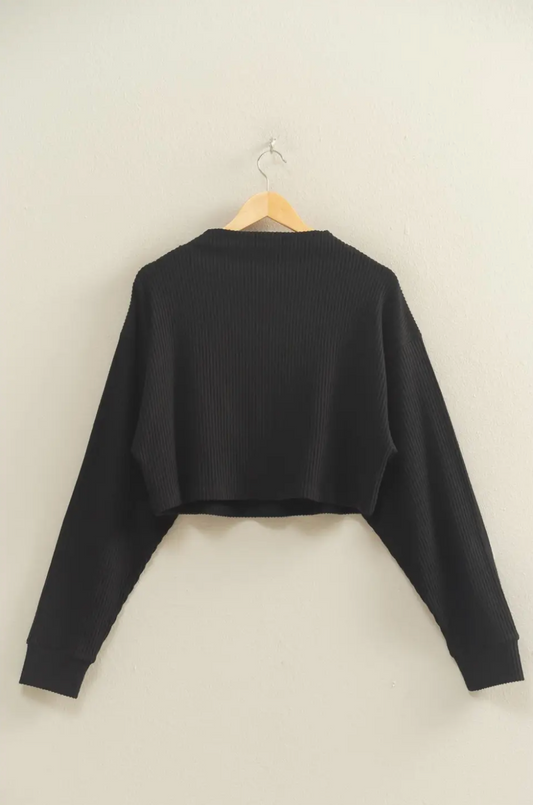Black Noa Cropped High Neck Ribbed Long Sleeve Top
