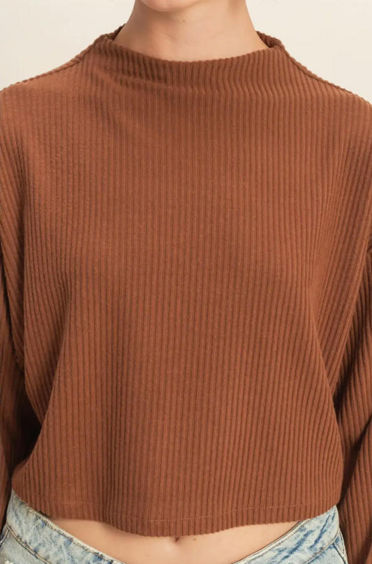 Chestnut Noa Cropped High Neck Ribbed Long Sleeve Top