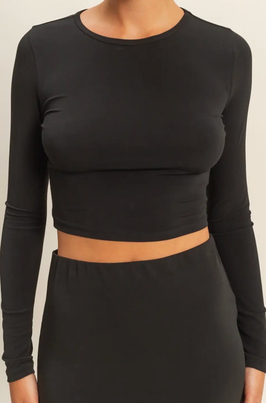 Black Asha Cropped Scoop Neck Long Sleeve Top