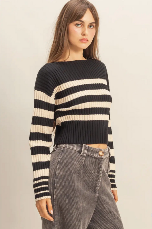 Black Harper Stripe Boat Neck Sweater