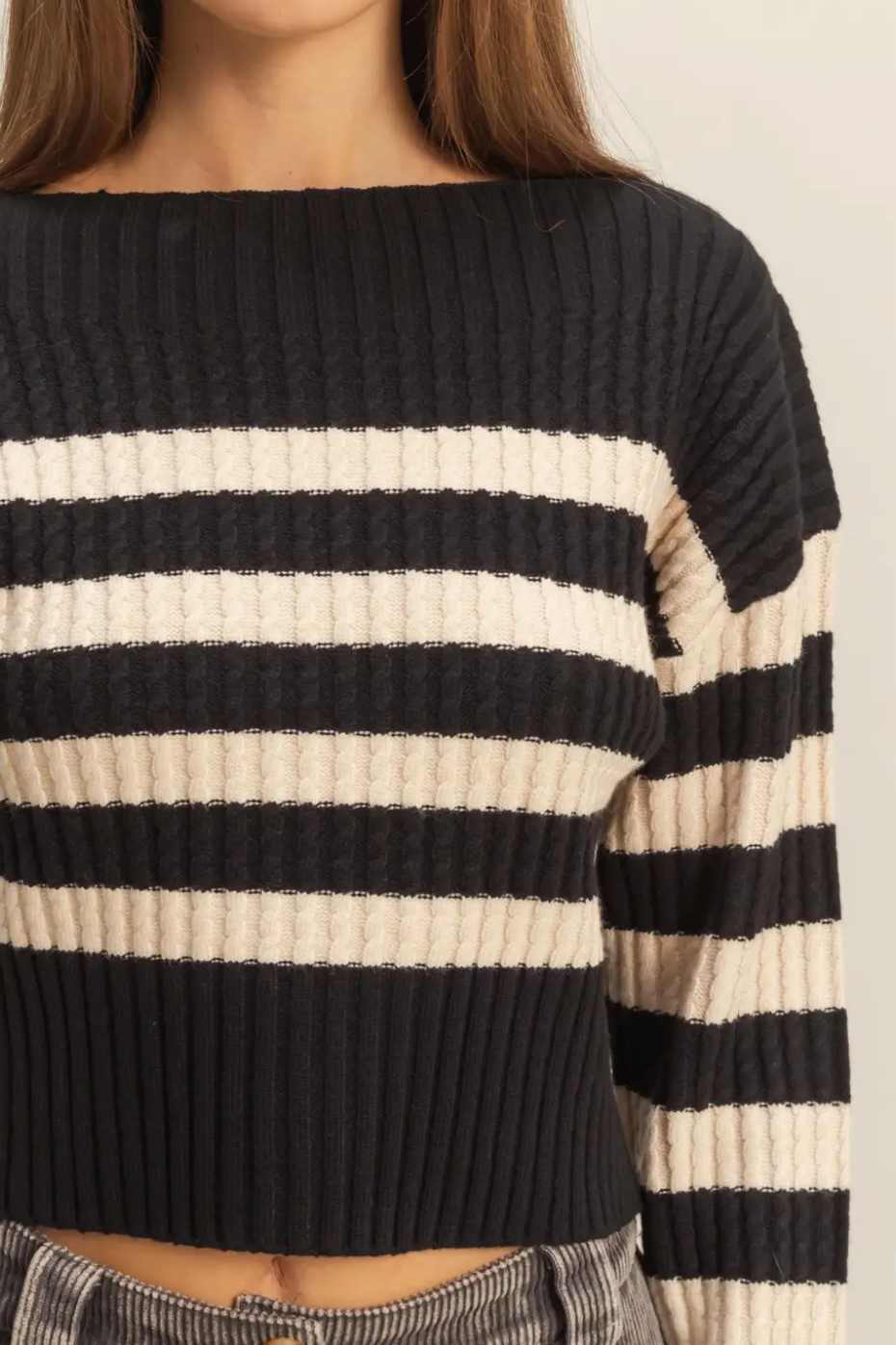 Black Harper Stripe Boat Neck Sweater