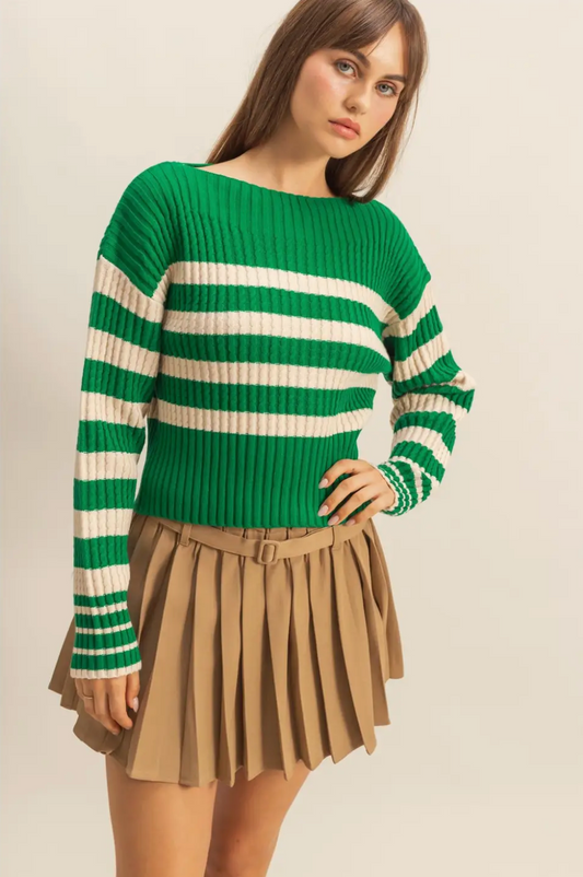 Green Harper Stripe Boat Neck Sweater