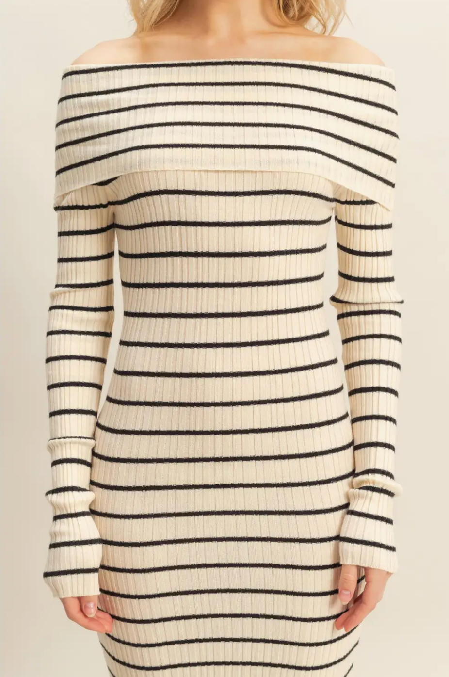 Cream and Black Sloane Off Should Stripe Knit Dress
