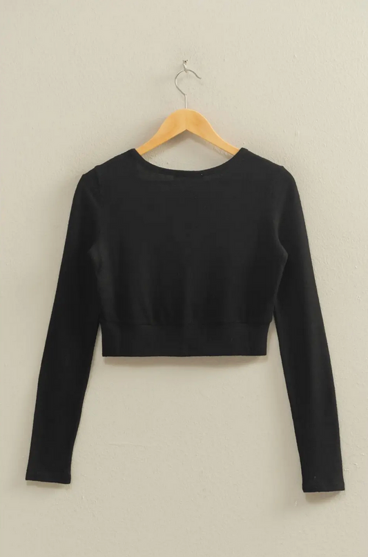Black Cropped Emma V-Neck Brushed Long Sleeve Top