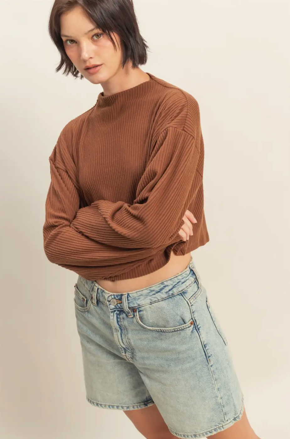 Chestnut Noa Cropped High Neck Ribbed Long Sleeve Top