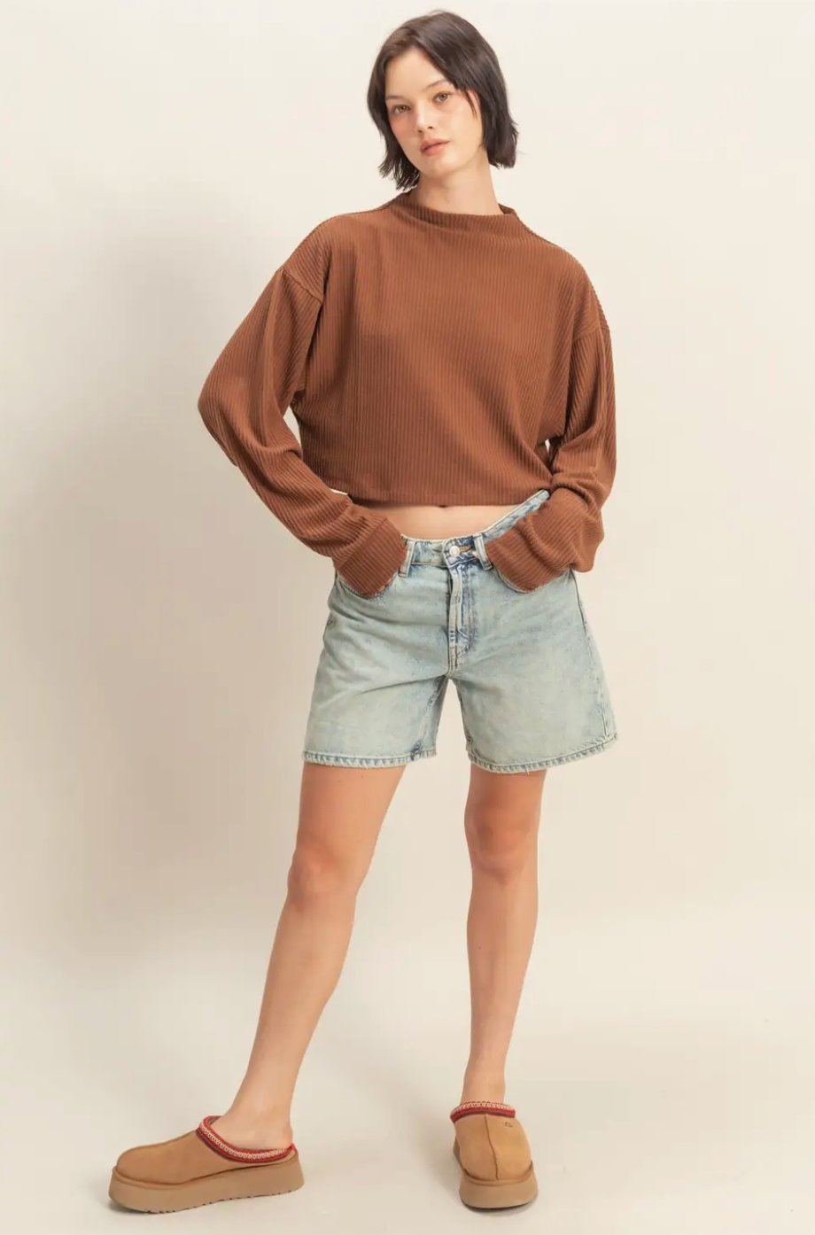 Chestnut Noa Cropped High Neck Ribbed Long Sleeve Top