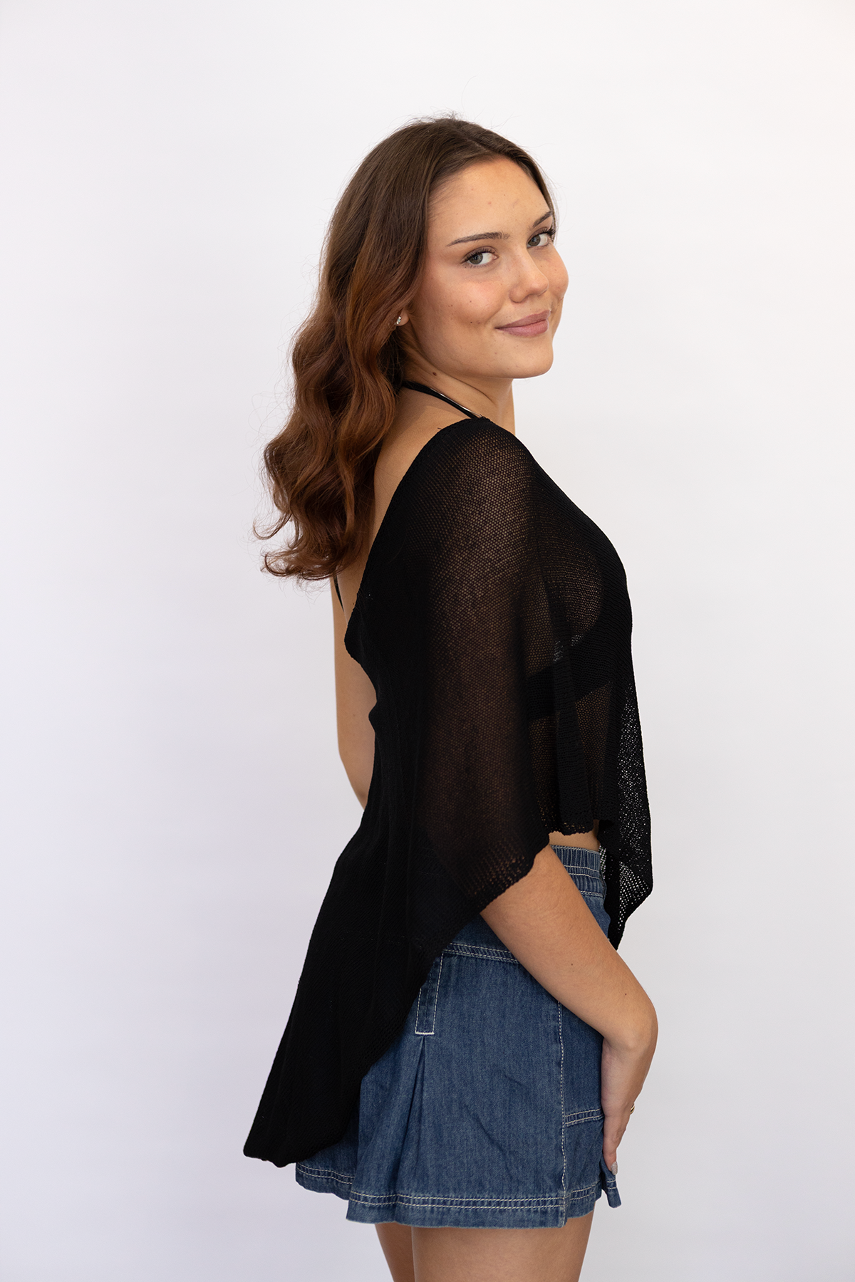 Black Wide Off Shoulder Sheer Sweater Cape