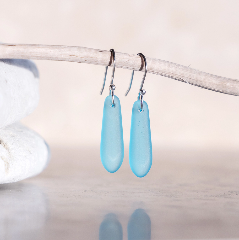 Light Turquoise Teardrop Coastal Sea Glass Earrings