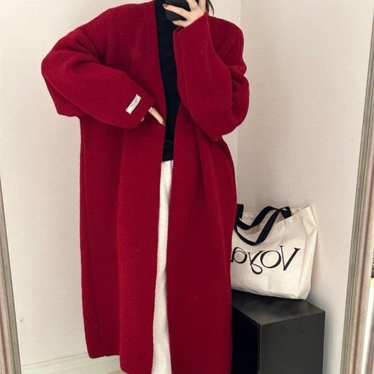 Red Long Open Front Cardigan