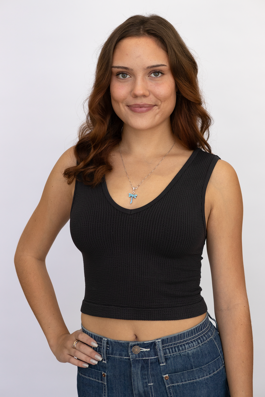 Black Seamless U/V Neck Reversible Tank Top