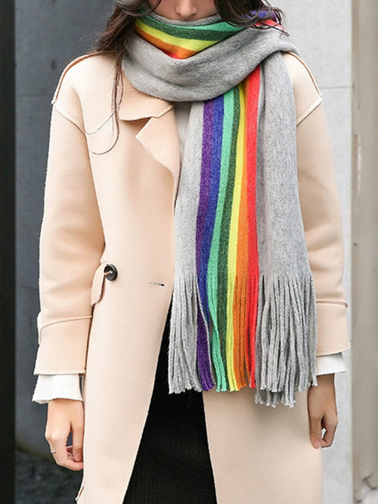 Light Grey Rainbow Long Fringed Thick Scarf